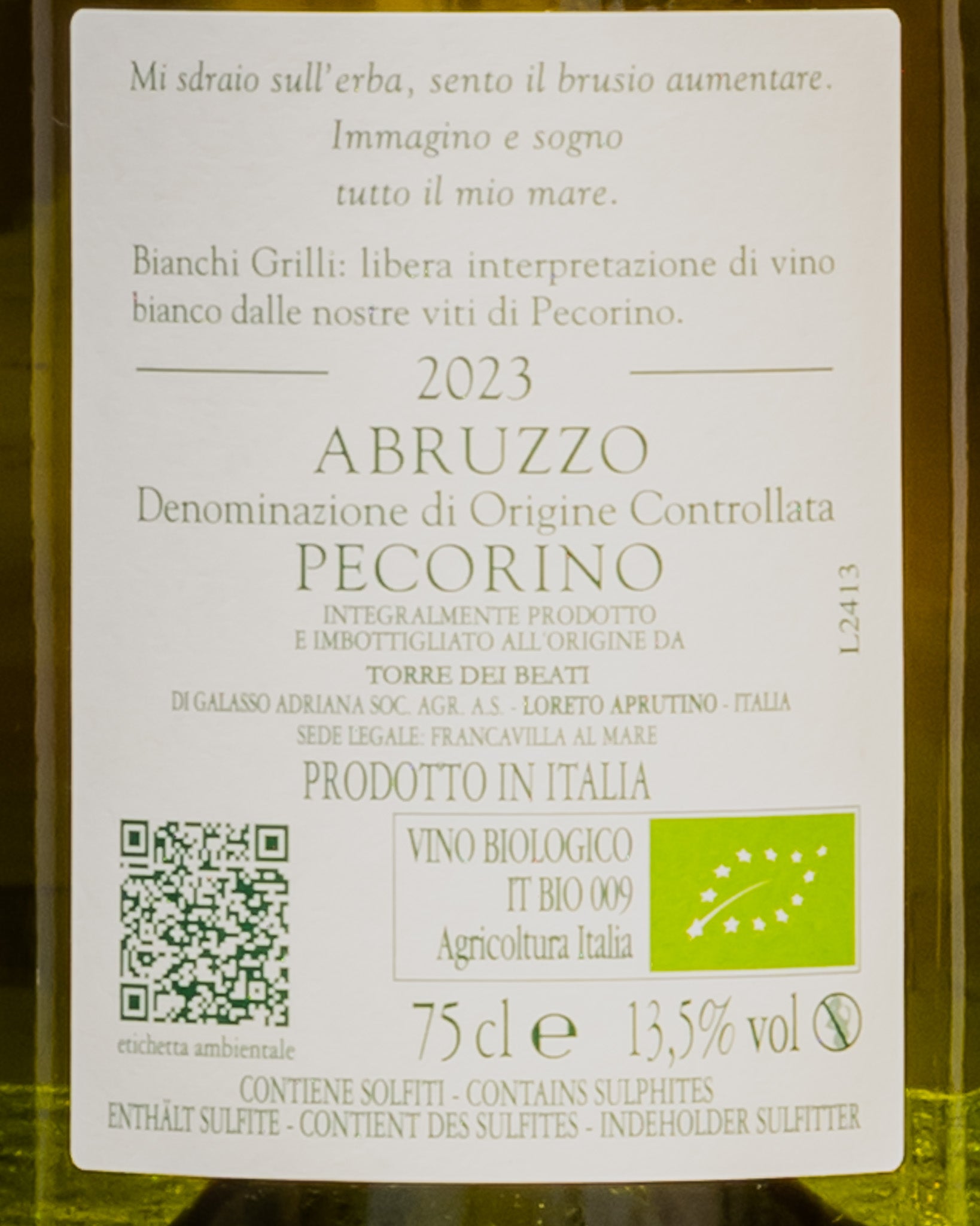 Torre Dei Beati Pecorino Abruzzo Bianchi Grilli Per Testa 2023 Vino Bianco Italia Retro Etichetta