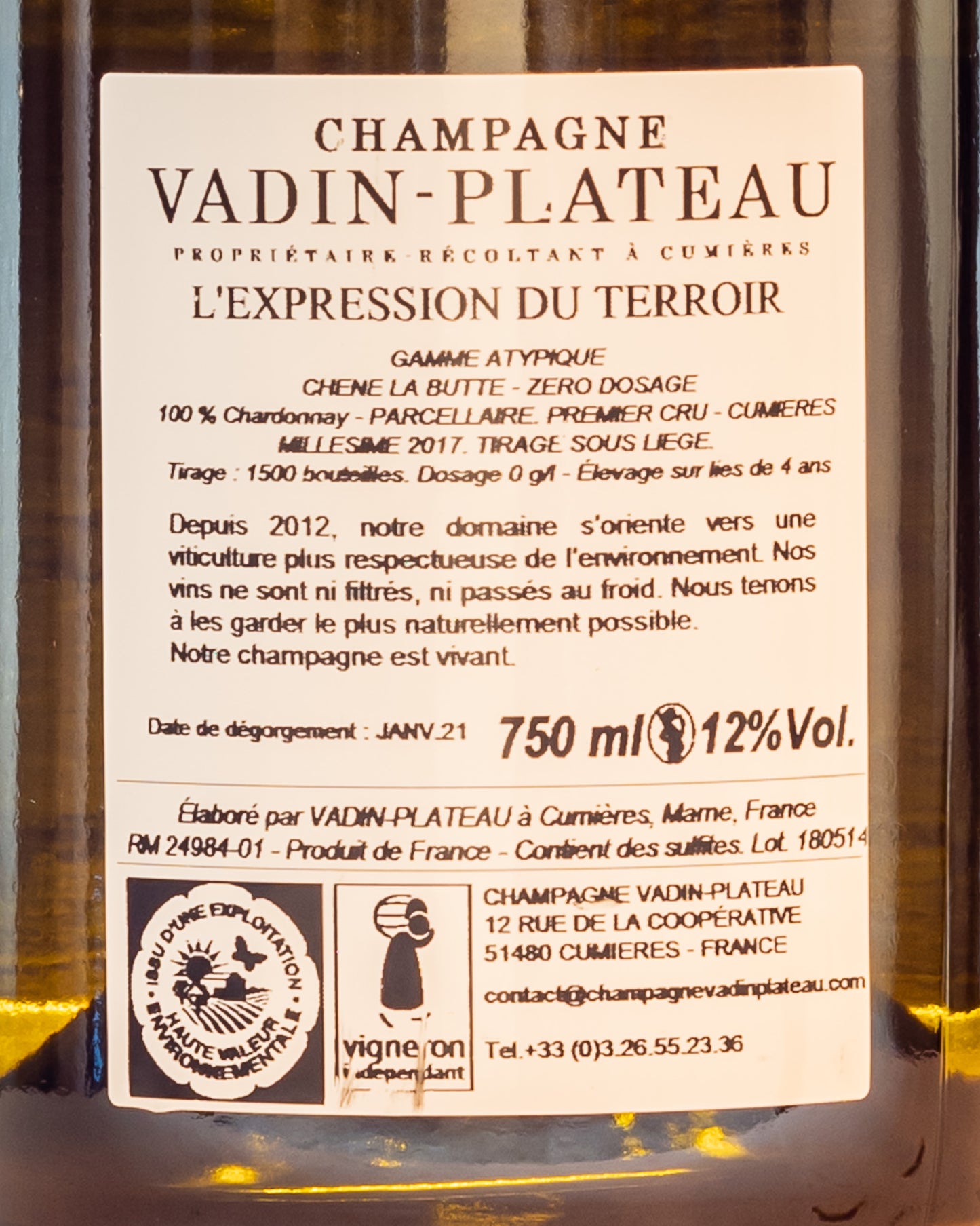 Vadin Plateau Champagne Chene Butte Chardonnay 2017 Vino Francia Retro Etichetta