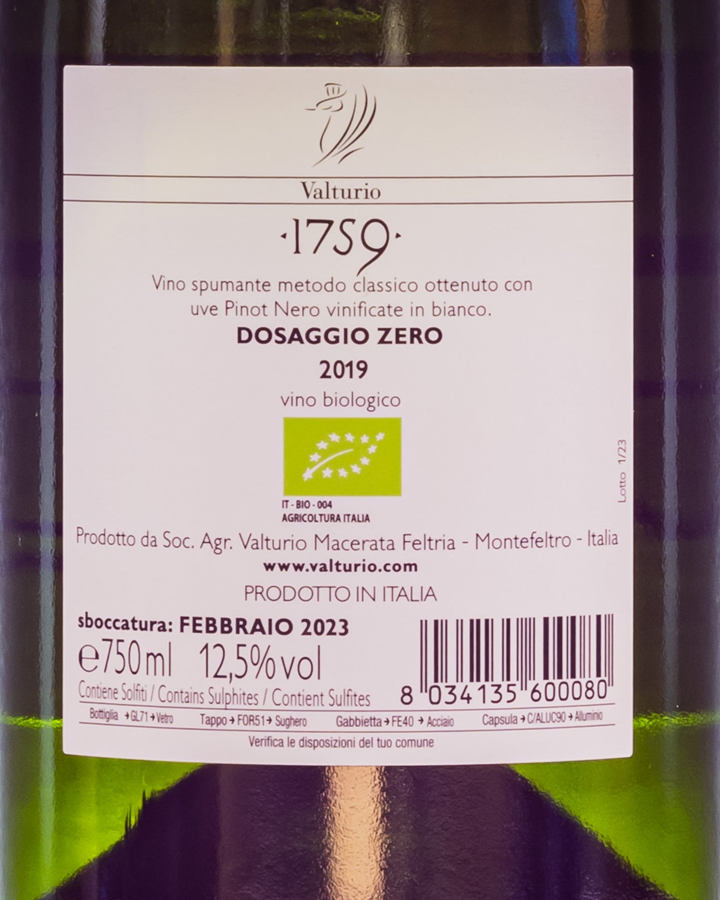 Valturio Blanc de Noirs Pinot Nero Marche Metodo Classico Dosaggio Zero 2019 Italia Retro Etichetta