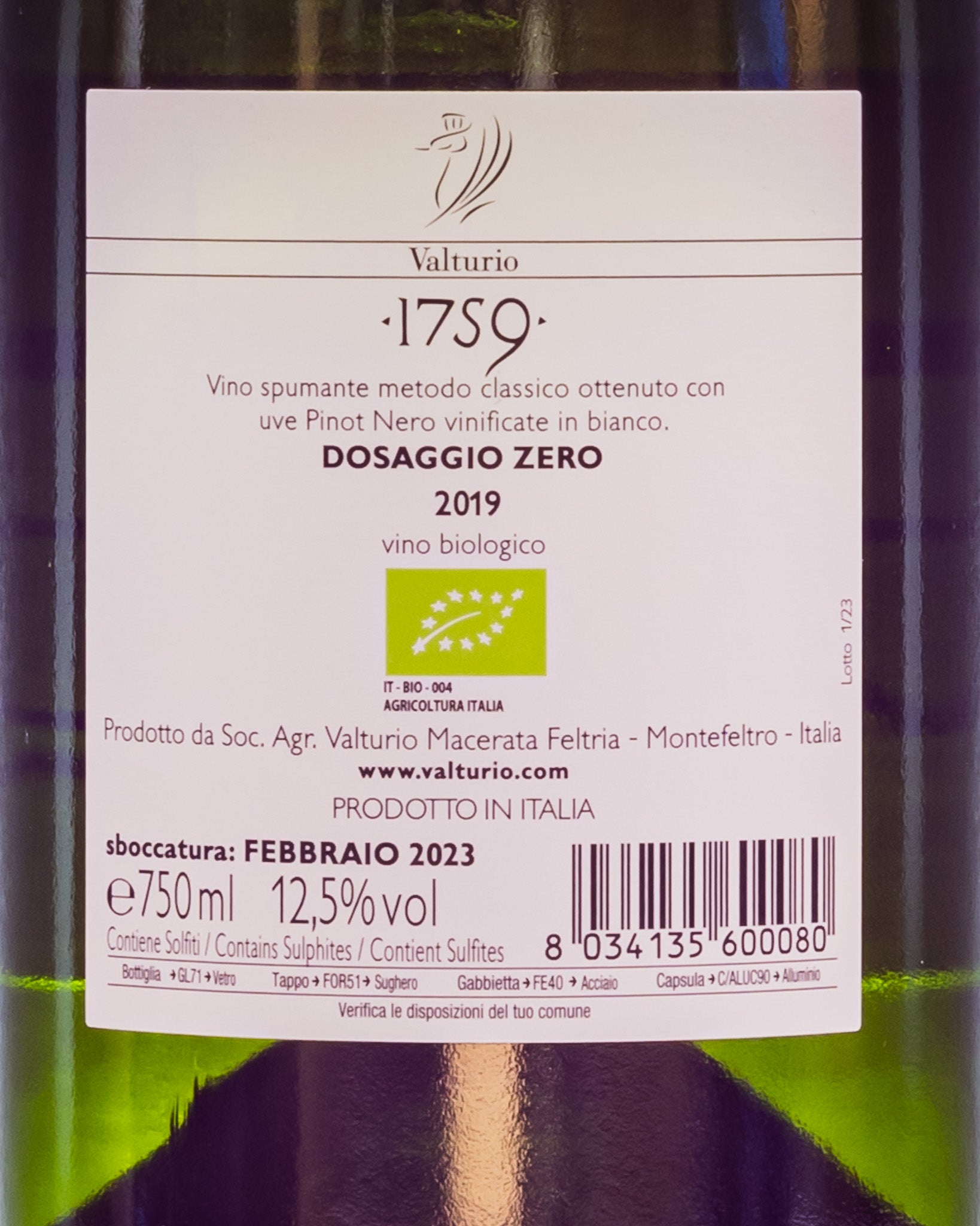 Valturio Blanc de Noirs Pinot Nero Marche Metodo Classico Dosaggio Zero 2019 Italia Retro Etichetta