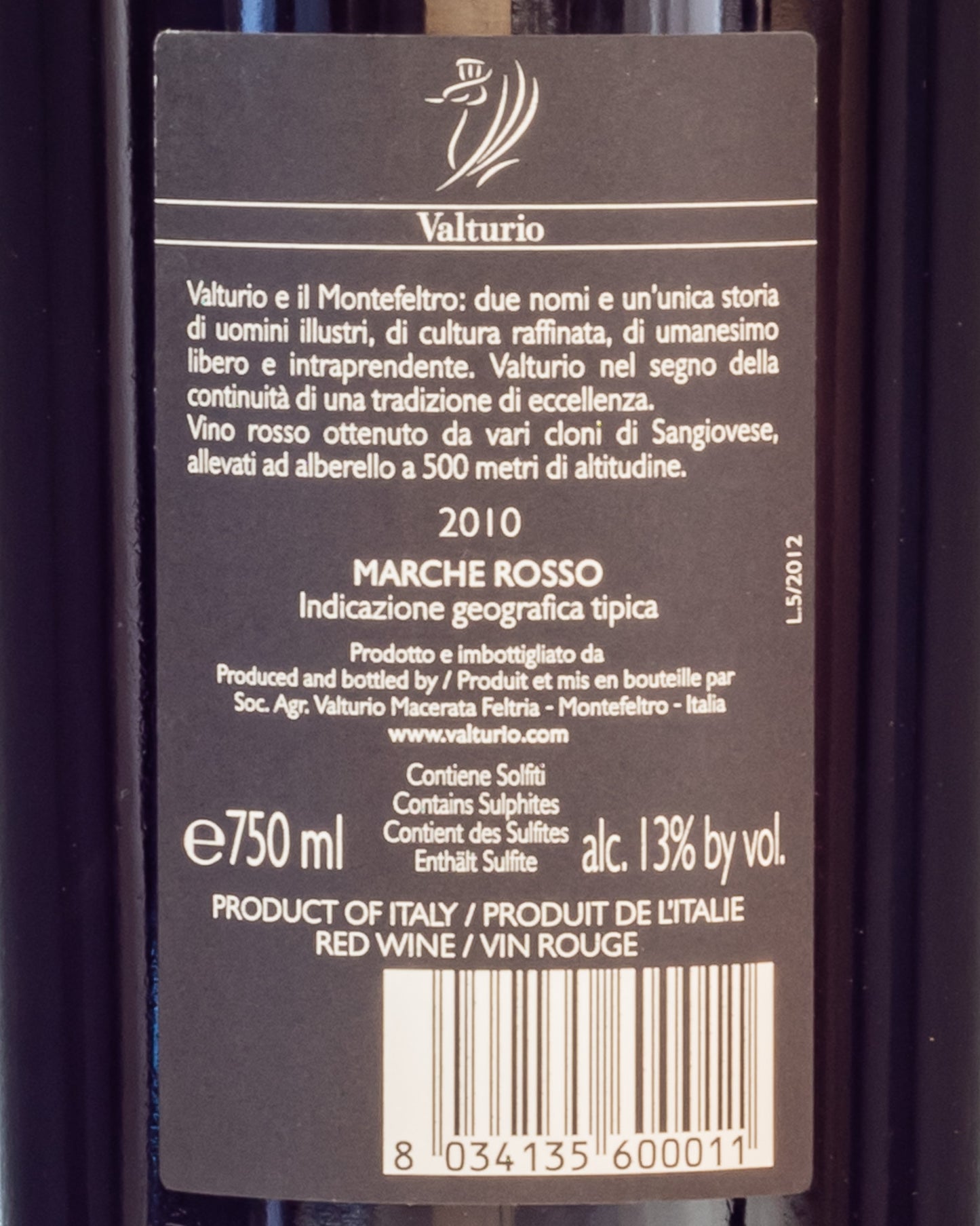 Valturio Marche Rosso 2010 Sangiovese Italia Vino Retro Etichetta