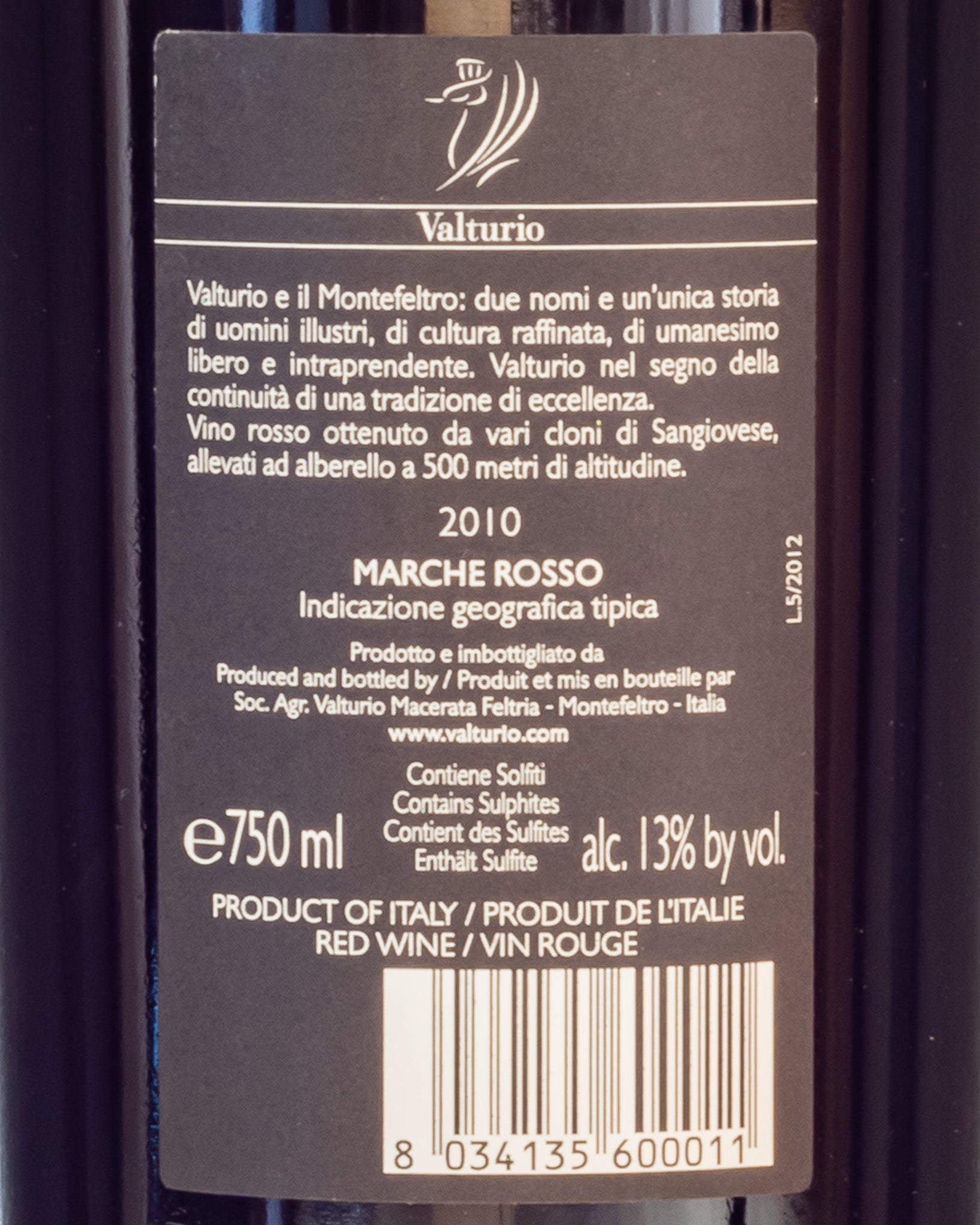 Valturio Marche Rosso 2010 Sangiovese Italia Vino Retro Etichetta