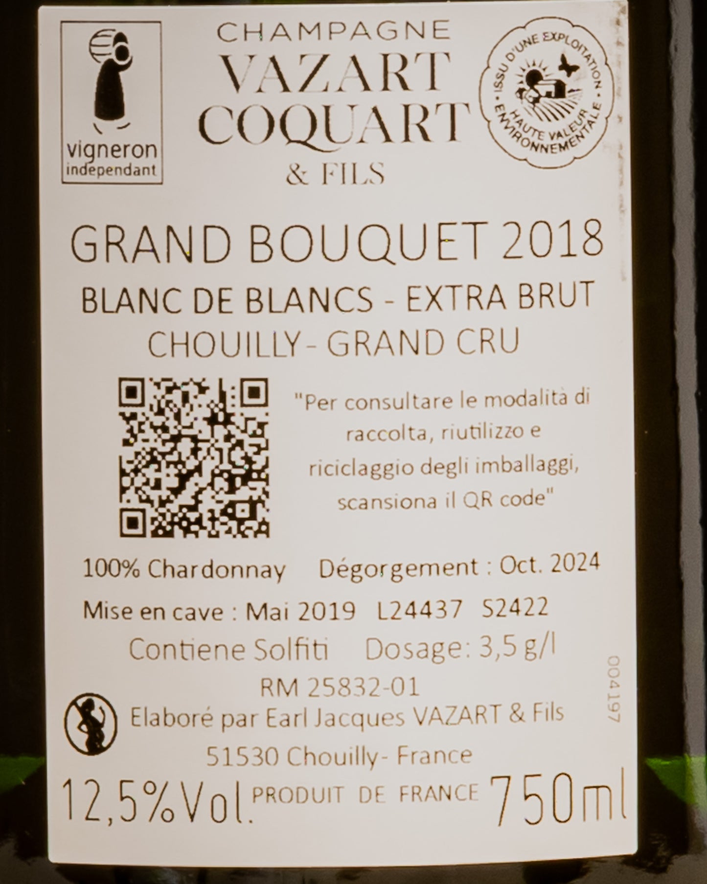 Vazart Coquart Champagne Extra Brut Chouilly Grand Cru Blanc Blancs Bouquet 2018 Cote Chardonnay Vino Francia Retro Etichetta