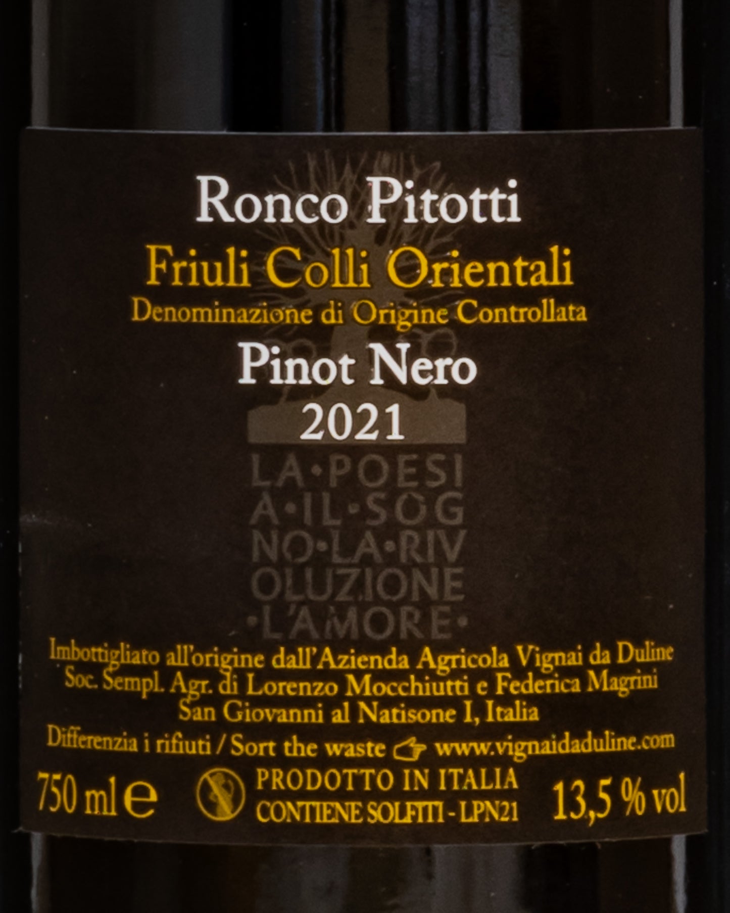Vignai Duline Pinot Nero Ronco Pitotti 2021 Friuli Colli Orientali Venezia Giulia Vino Rosso Italia Retro Etichetta