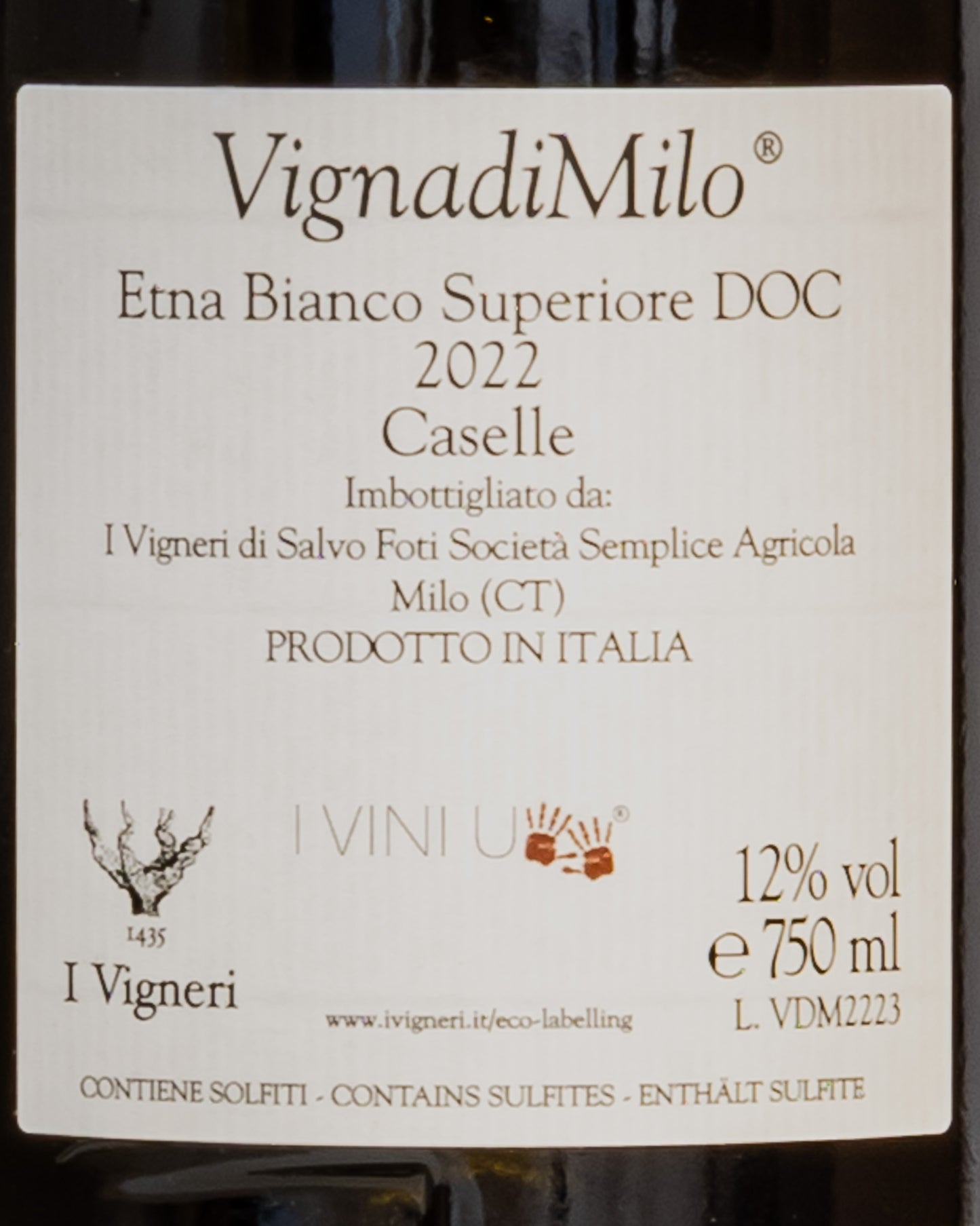 Vigneri Salvi Foti Etna Bianco Superiore Caselle VignadiMilo Vigna Milo Carricante 2022 Vino Sicilia Italia Retro Etichetta