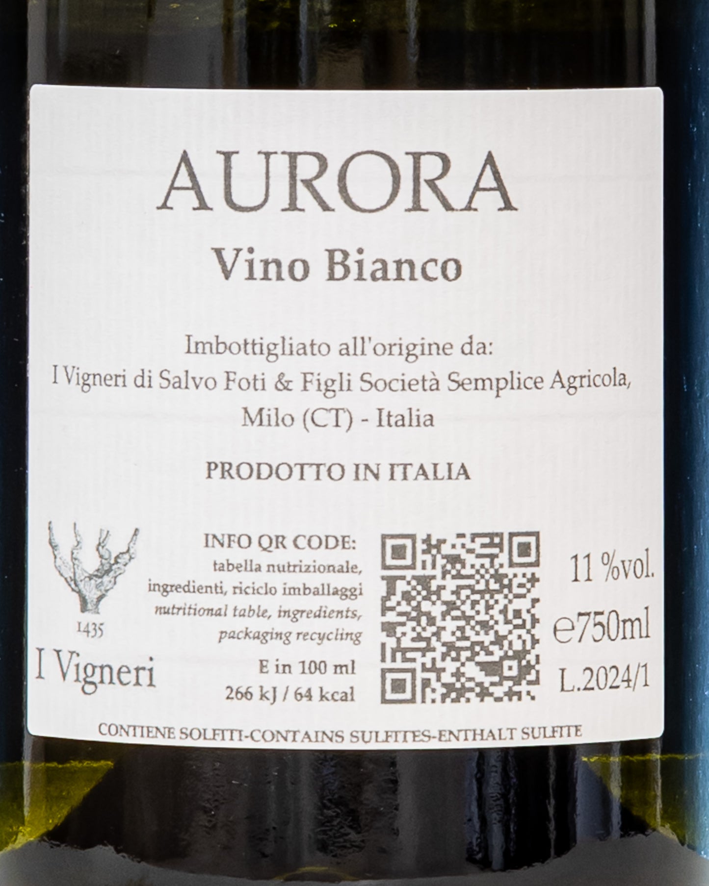 Vigneri Salvo Foti Etna Bianco Aurora Carricante Milo Vino Sicilia Italia 2024 Retro Etichetta