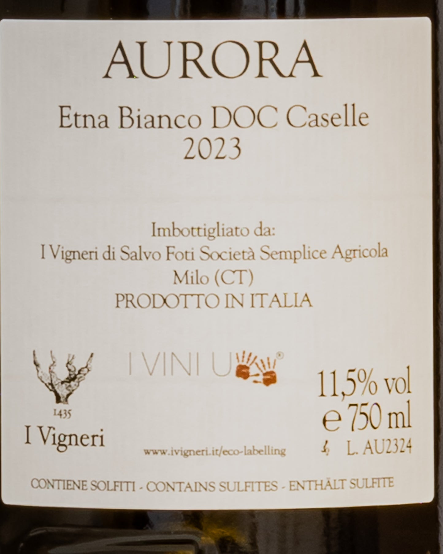 Vigneri Salvo Foti Etna Bianco Caselle Carricante Aurora 2023 Vino Sicilia Italia Retro Etichetta