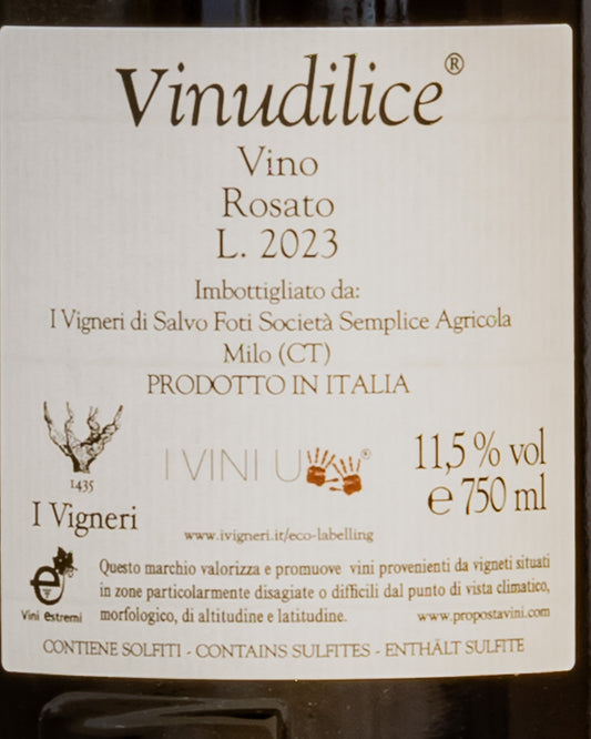 Vigneri Salvo Foti Vino Rosato Etna 2023 Vinudilice Grenache Minnella Grecanico Sicilia Italia Retro Etichetta