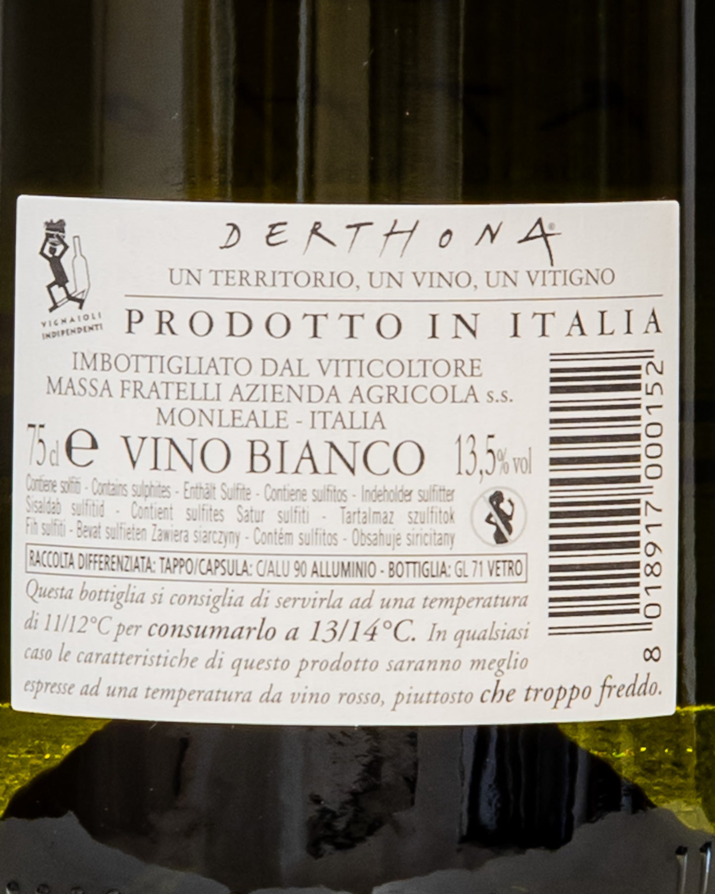 Vigneti Walter Massa Derthona 2023 Timorasso Tortona Colli Tortonesi Piemonte Vino Bianco Italia Retro Etichetta