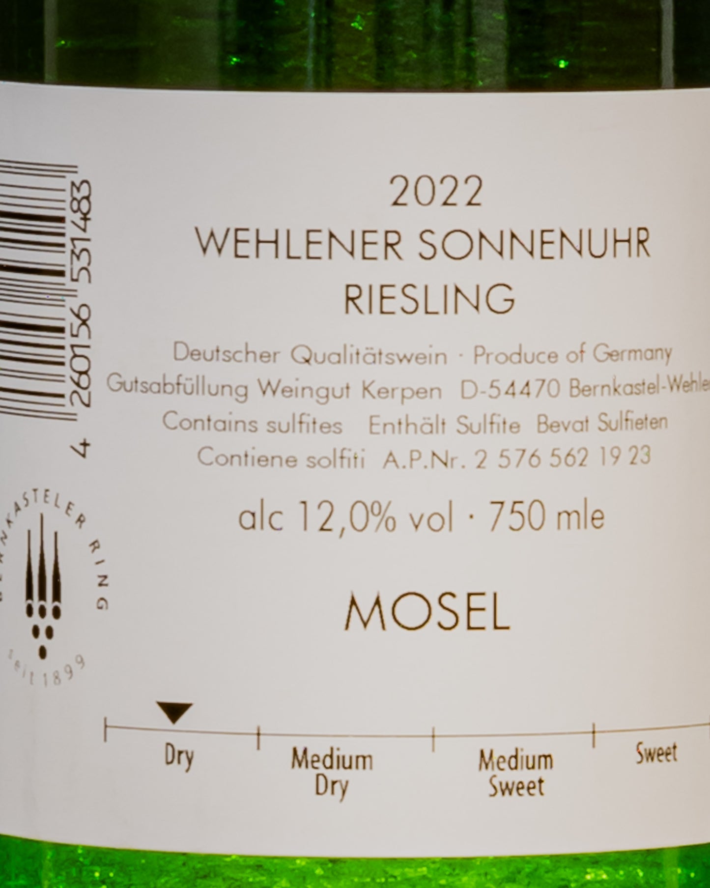 Weingut Kerpen Riesling Trocken Wehlener Sonnenuhr GG 2022 Grosses Geswachs Mosella Vino Bianco Germania Europa Retro Etichetta