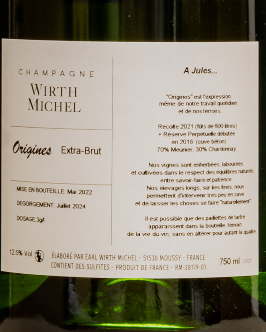 Wirth Michel Champagne Extra Brut Origines Valle Marne Meunier Chardonnay 2021 Cuvée Perpetuelle Vino Francia Retro Etichetta