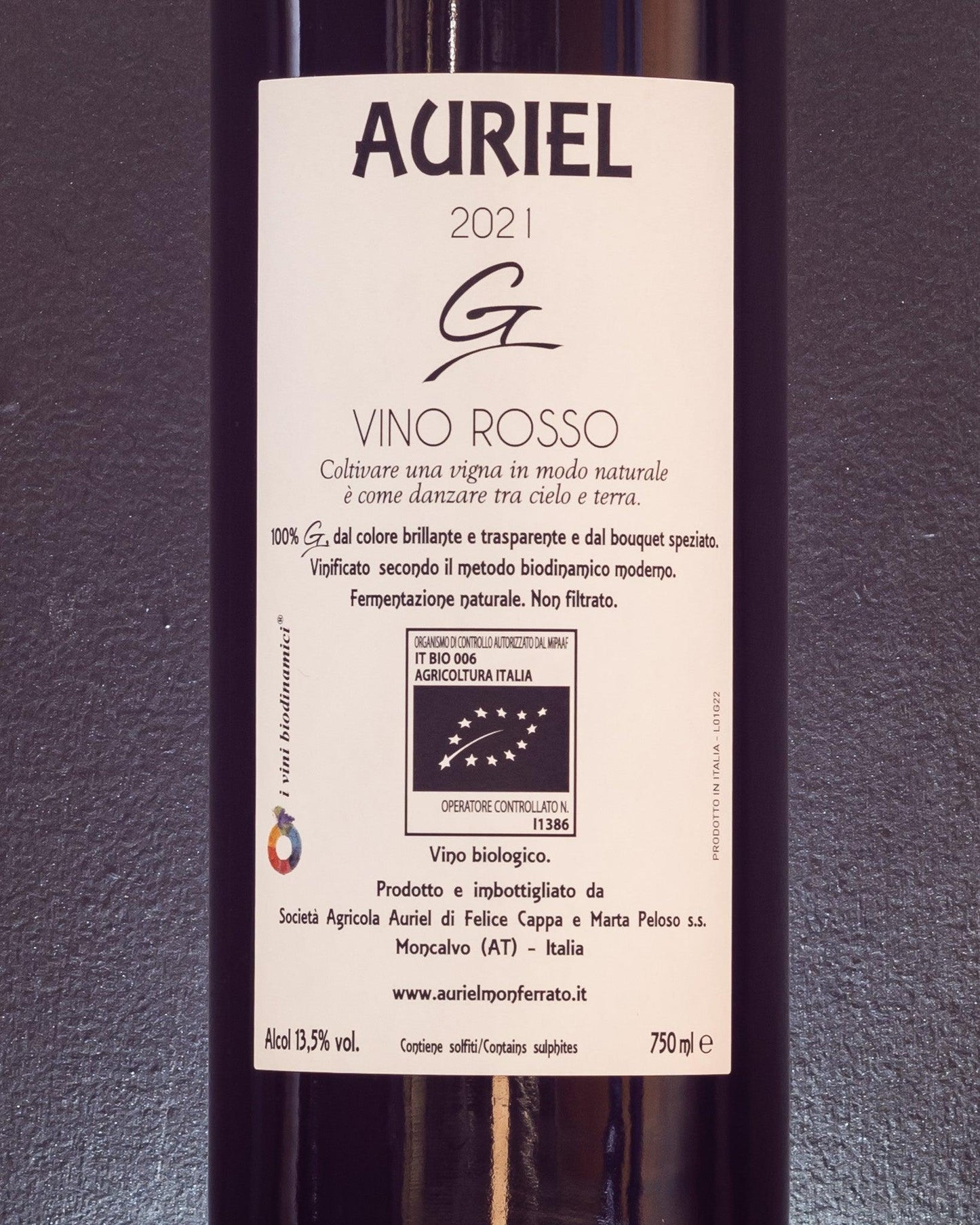 auriel grignolino piemonte italia vino rosso retro etichetta