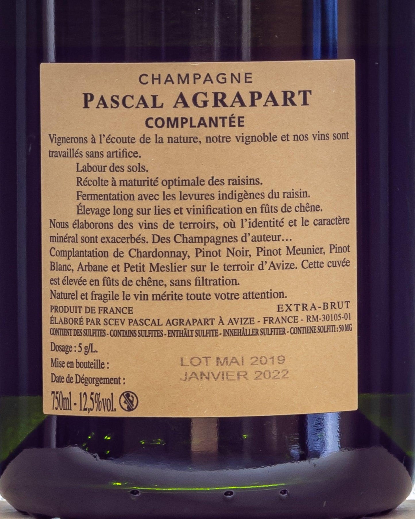 champagne complantée pascal agrapart extra brut chardonnay pinot noir pinot meunier pinot blanc arbanne petit meslier avize retro etichetta