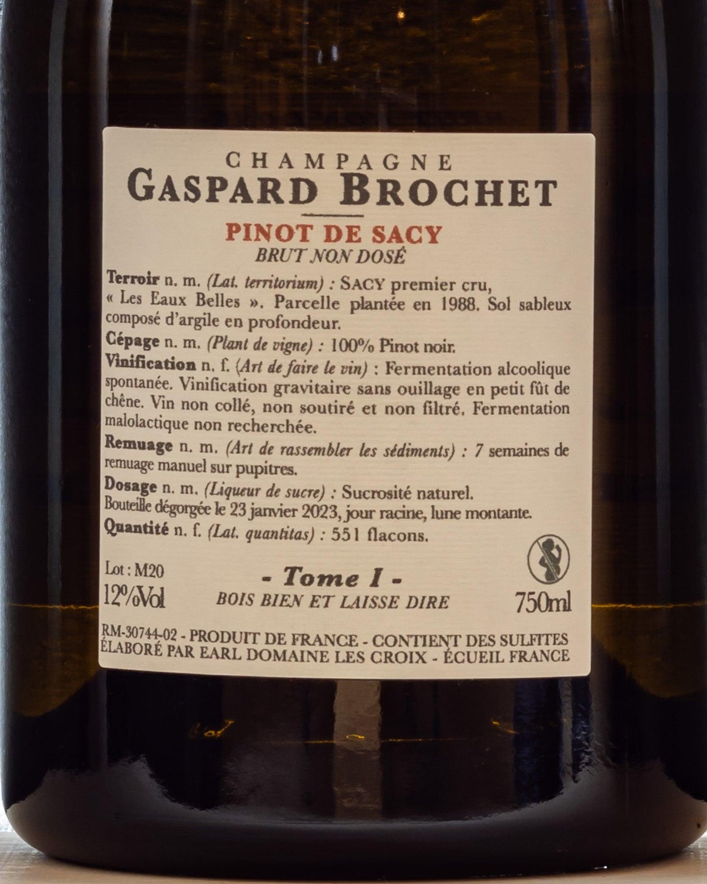 champagne pinot de sacy gaspard brochet pinot noir tome 1 brut non dose retro etichetta