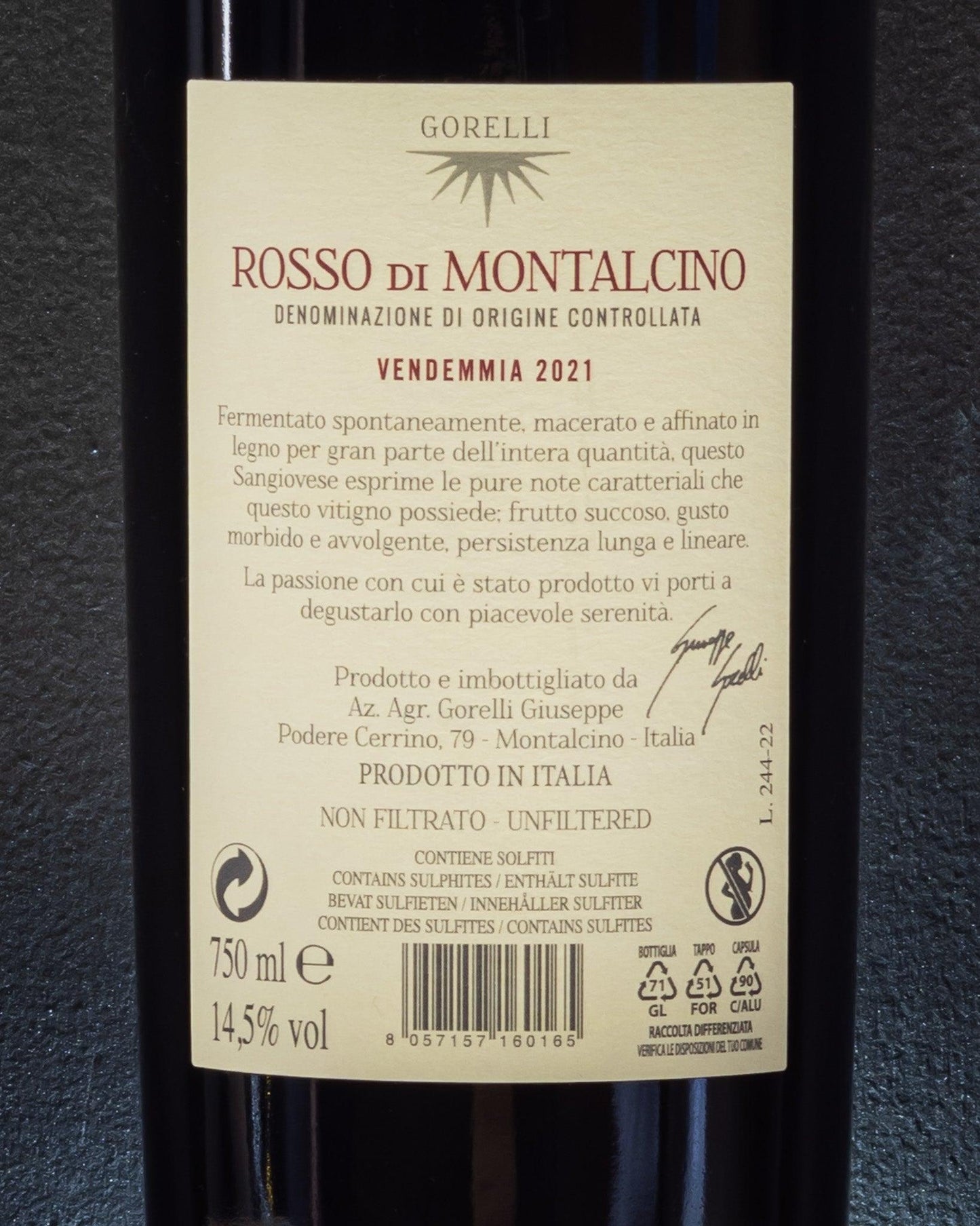 gorelli rosso di montalcino toscana sangiovese retro etichetta