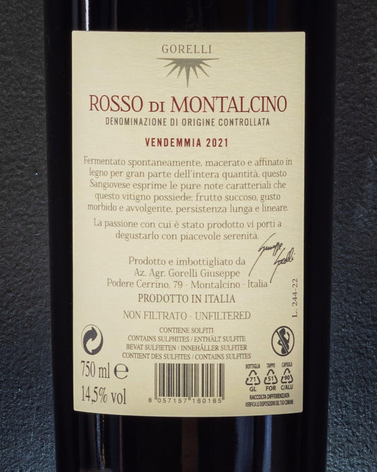 gorelli rosso di montalcino toscana sangiovese retro etichetta