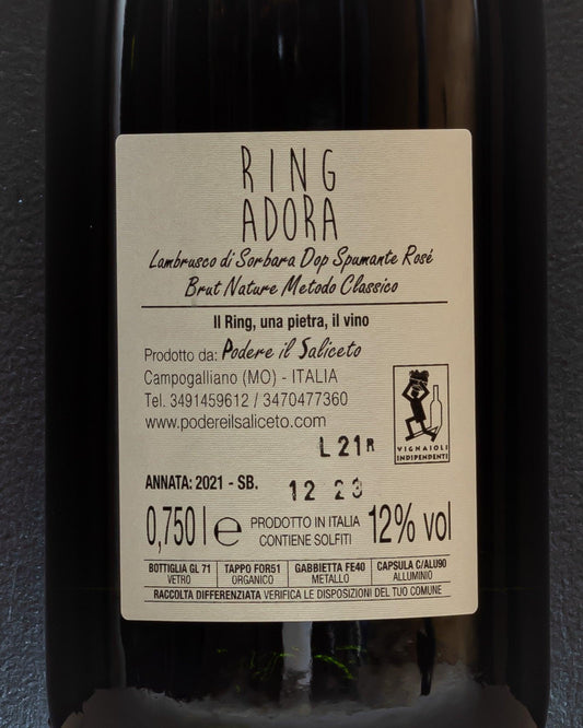 podere il saliceto ringadora lambrusco di sorbara spumante rosato brut nature metodo classico emilia romagna italia retro etichetta