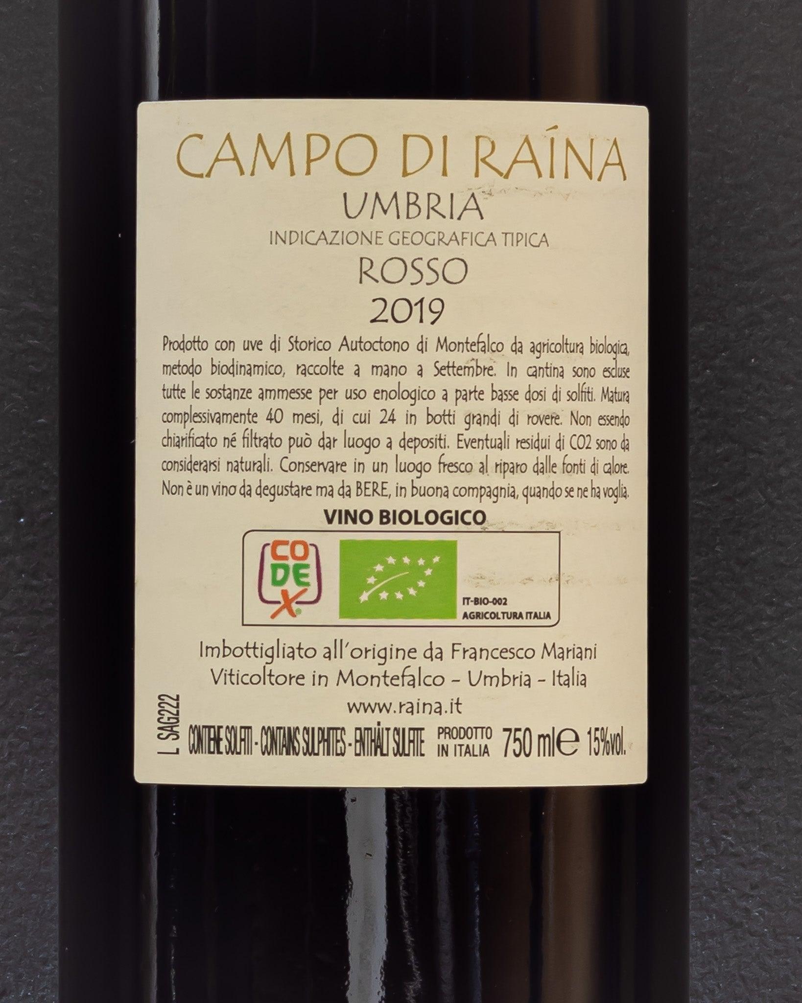 raina campo di raina vino rosso umbria italia sagrantino retro etichetta