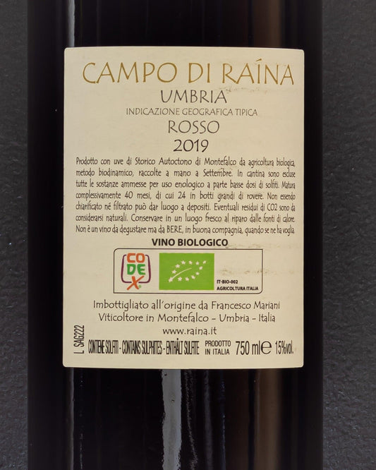 raina campo di raina vino rosso umbria italia sagrantino retro etichetta