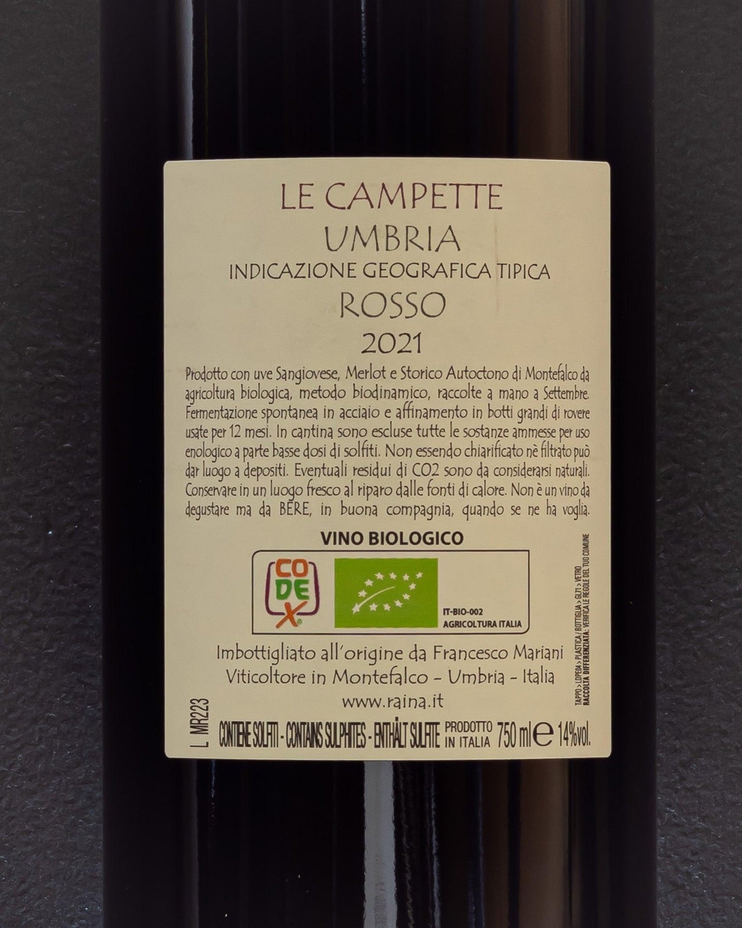 raina le campette umbria italia vino rosso sangiovese merlot storico autoctono di montefalco retro etichetta