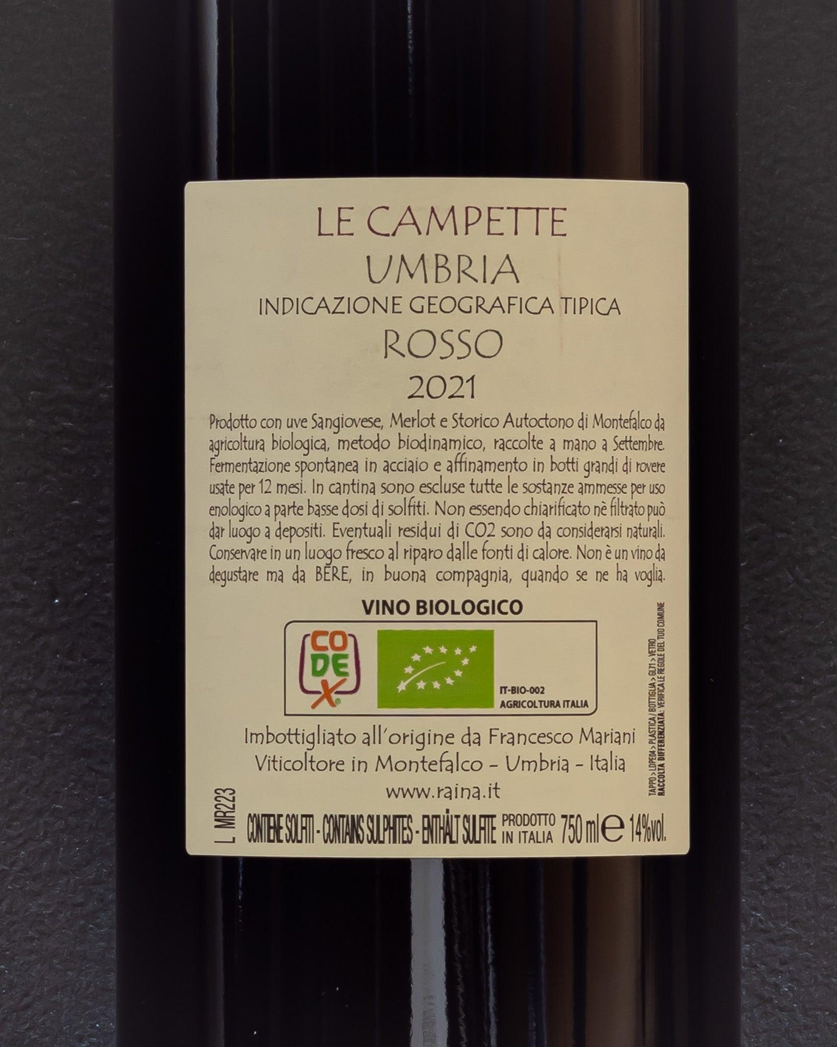 raina le campette umbria italia vino rosso sangiovese merlot storico autoctono di montefalco retro etichetta