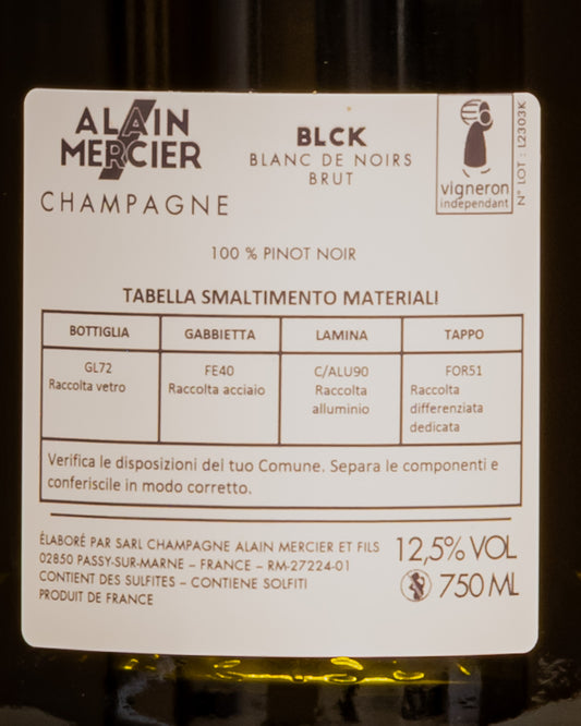 Alain Mercier Champagne Blanc Noirs BLCK Brut Pinot Noir Nero Valle Marne Vino Francia Retro Etichetta