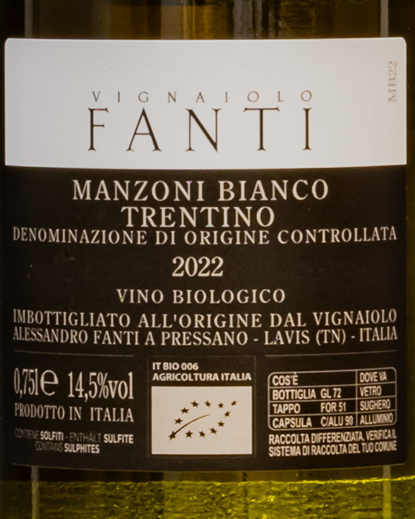 Alessandro Fanti Manzoni Bianco 2022 Vino Trentino Italia Retro Etichetta