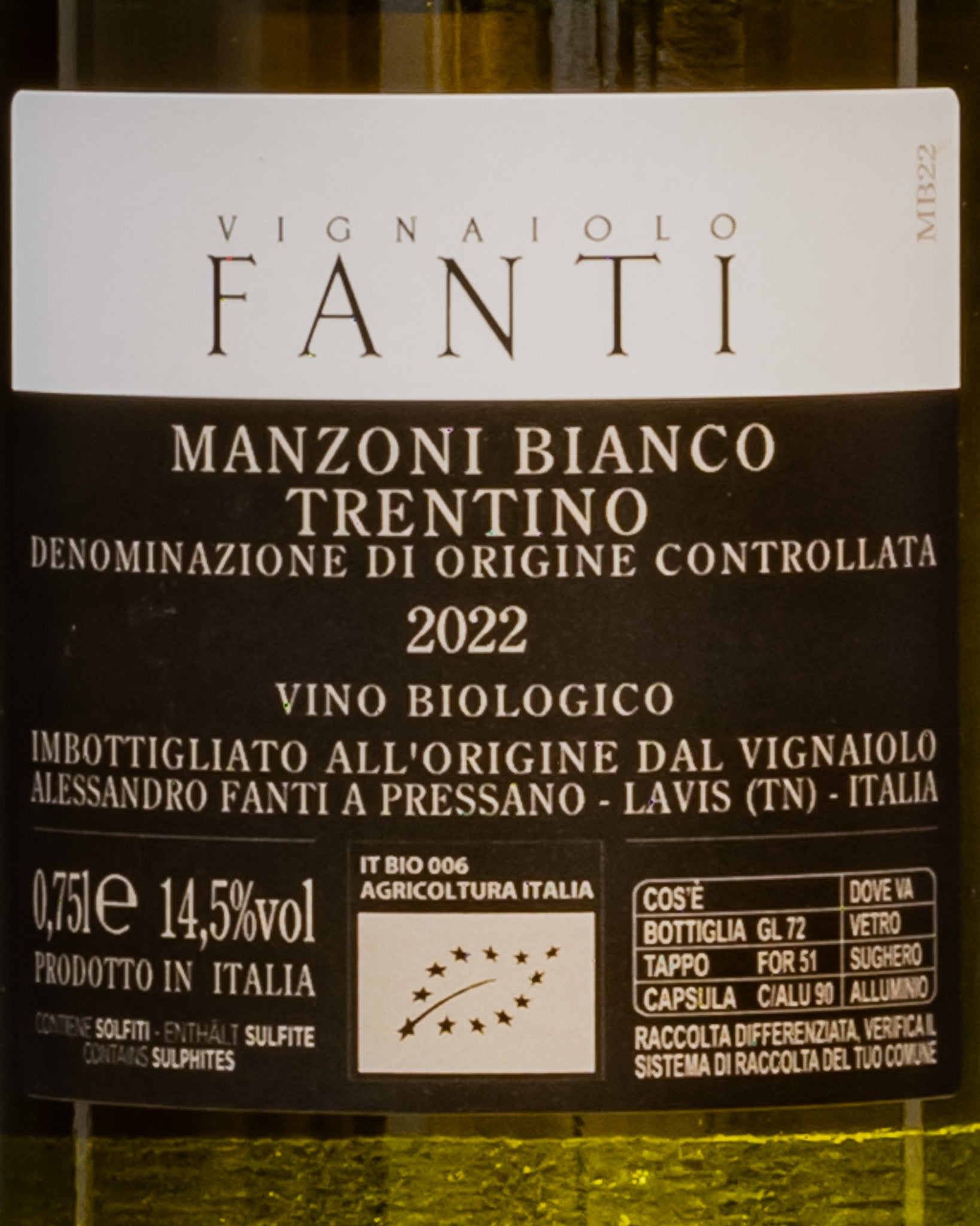 Alessandro Fanti Manzoni Bianco 2022 Vino Trentino Italia Retro Etichetta