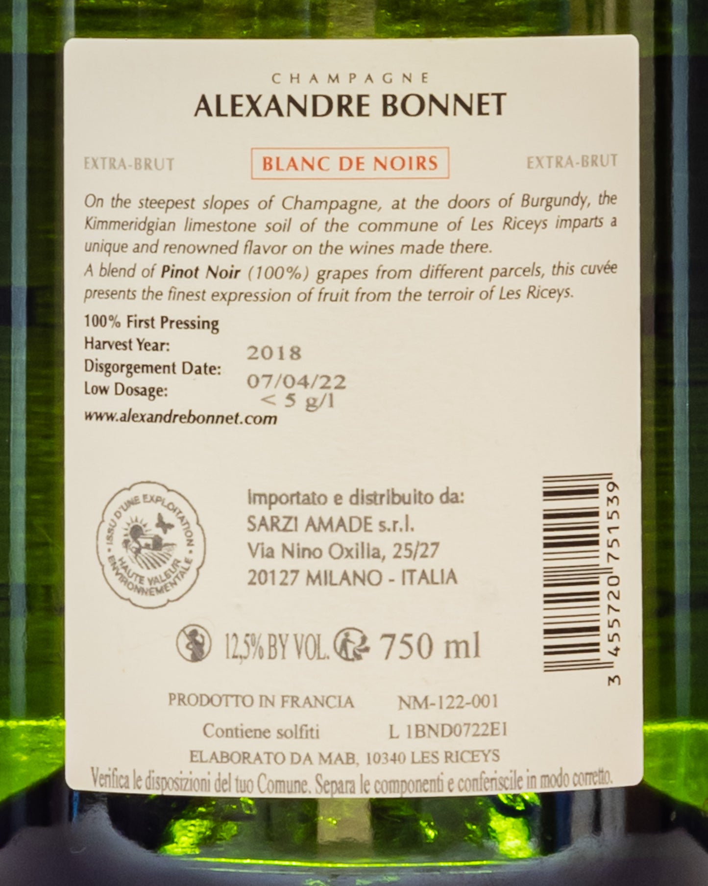 Alexandre Bonnet Champagne Extra Brut 2018 Blanc Noirs Pinot Nero Aube Champagne Francia Vino Les Riceys Retro Etichetta
