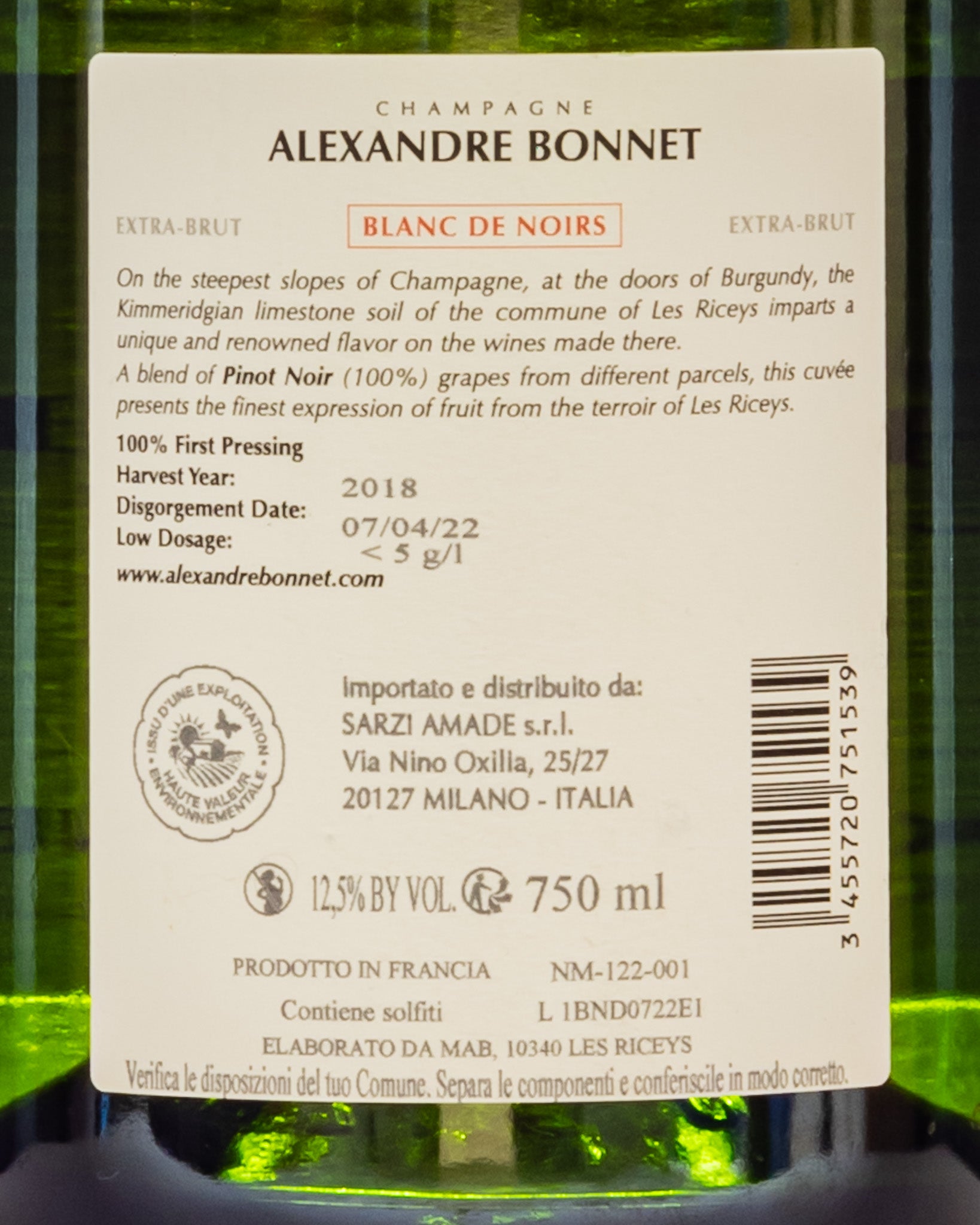 Alexandre Bonnet Champagne Extra Brut 2018 Blanc Noirs Pinot Nero Aube Champagne Francia Vino Les Riceys Retro Etichetta