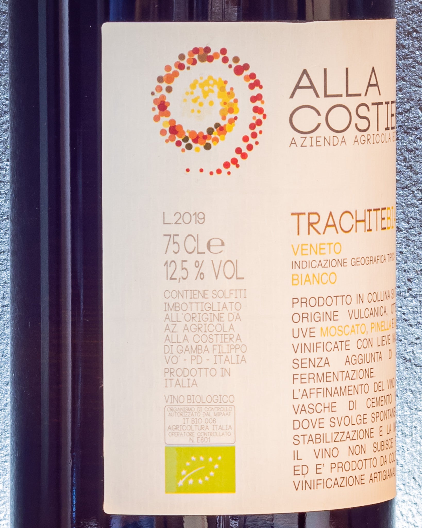 Alla Costiera Trachite Bianco Veneto Moscato Pinella Garganega Colli Euganei Padova Veneto Italia Vino Orange Macerato 2019  Retro Etichetta