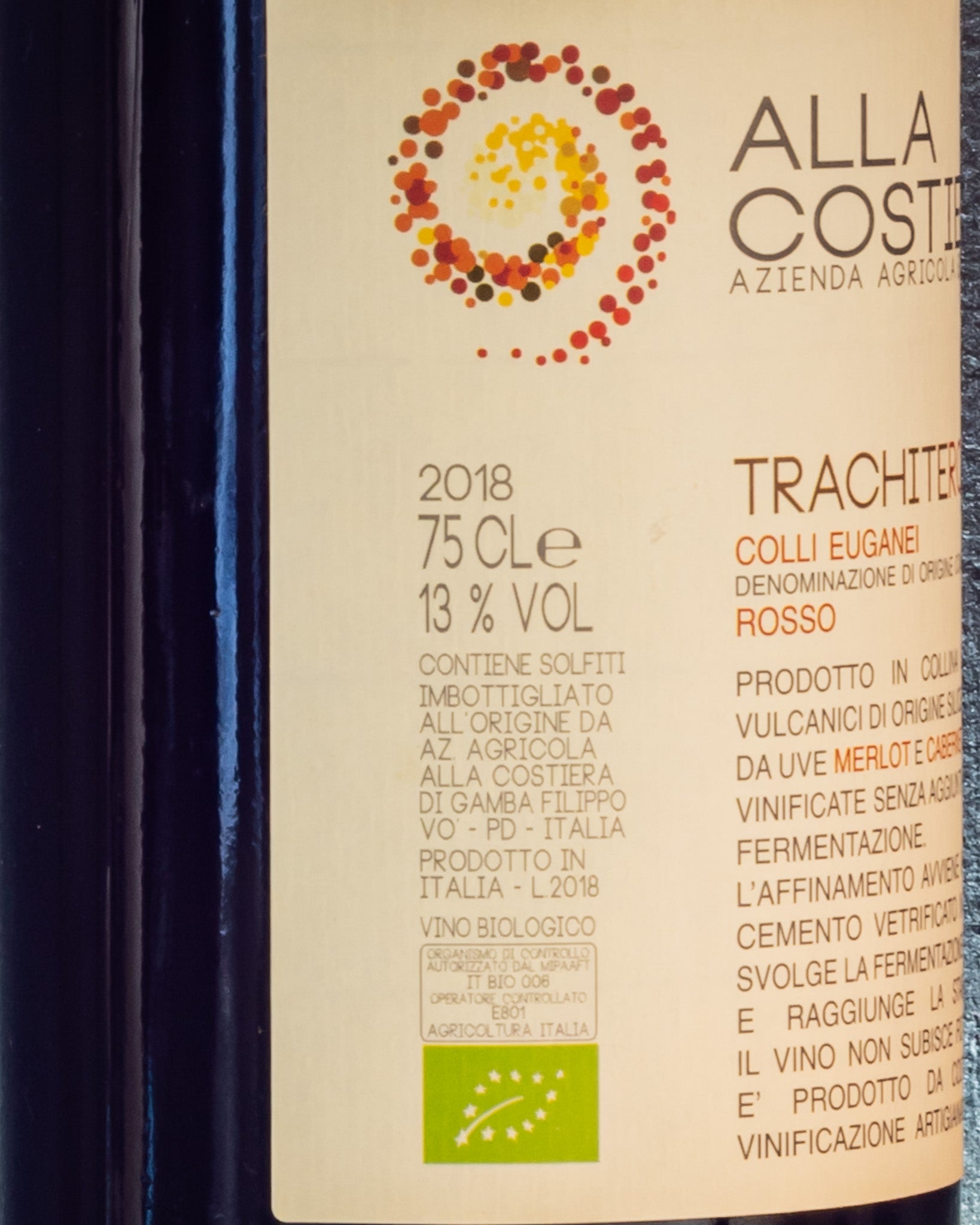 Alla Costiera Trachite Rosso Vino Merlot Cabernet Sauvignon 2018 Colli Euganei Veneto Italia Retro Etichetta