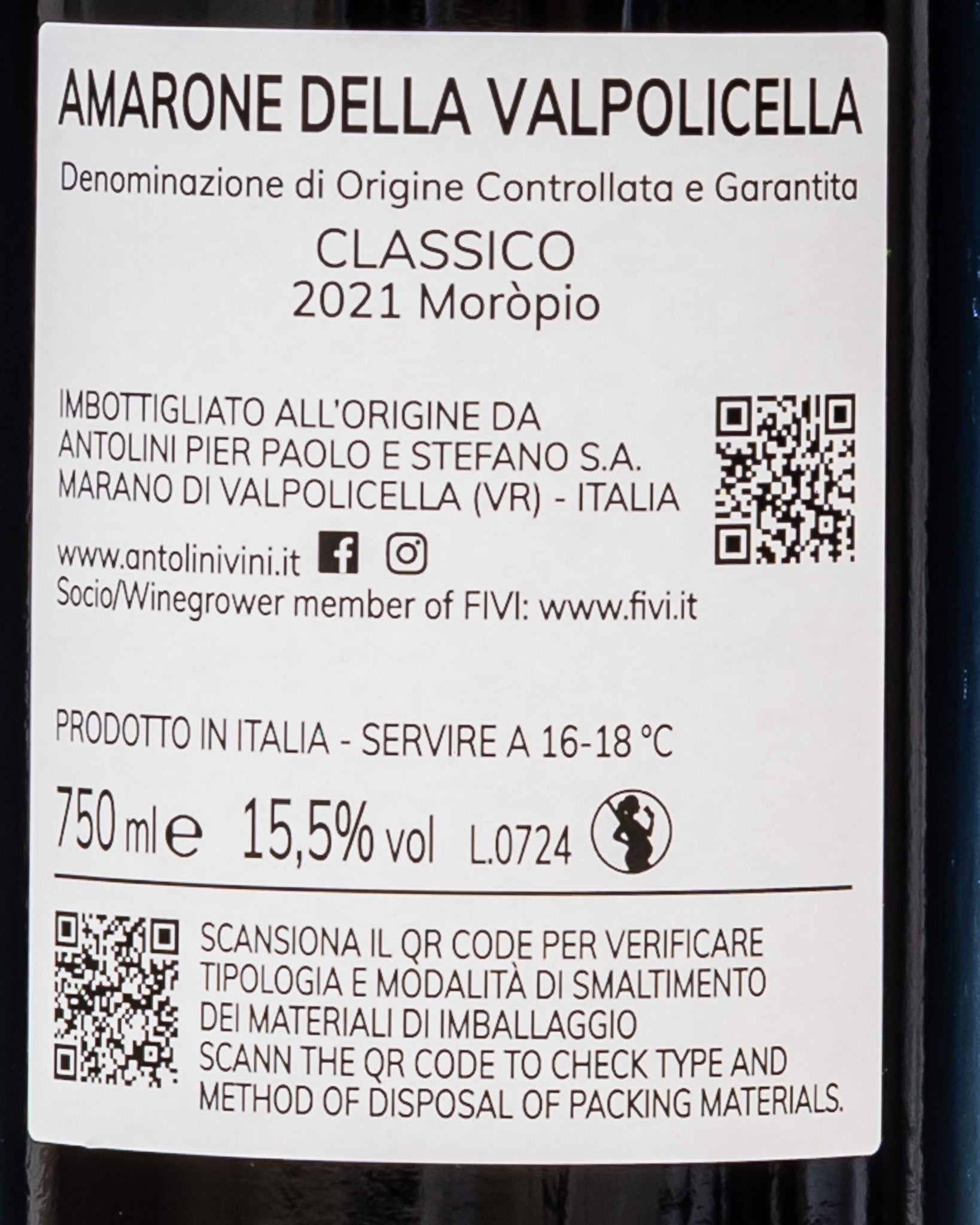 Antolini Amarone della Valpolicella 2021 Moròpio Corvina Corvinone Rondinella Valpolicella Veneto Vino Rosso Italia Retro Etichetta