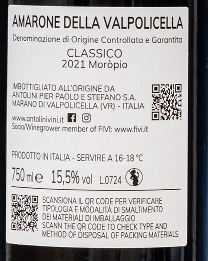 Antolini Amarone della Valpolicella 2021 Moròpio Corvina Corvinone Rondinella Valpolicella Veneto Vino Rosso Italia Retro Etichetta