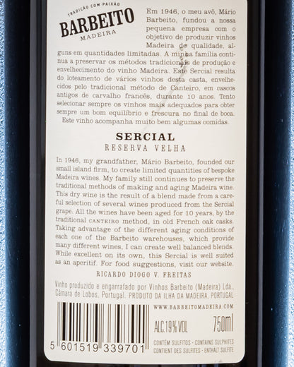 Barbeito Madeira Sercial Reserva Velha 10 Anos Years Old Vino Bianco Ossidativo Fine Pasto Dessert Portogallo Europa Retro Etichetta
