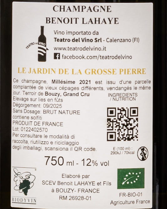 Benoit Lahaye Champagne Grand Cru Brut Nature 2021 Le Jardin De La Grosse Pierre Pinot Nero Chardonnay Meunier  Pinot Bianco Arbanne Petit Meslier Fromenteau Francia Retro Etichetta