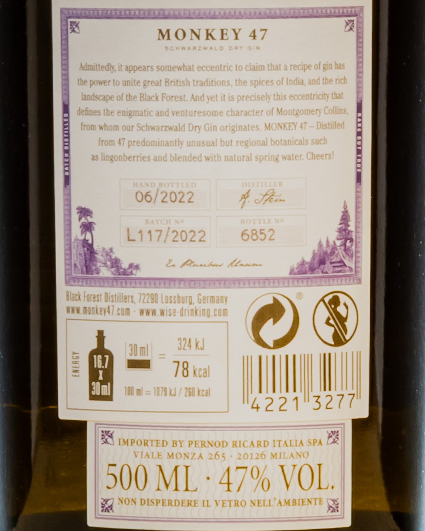Black Forest Distillers Monkey 47 Schwarzwald Dry Gin Germania Distillato Retro Etichetta