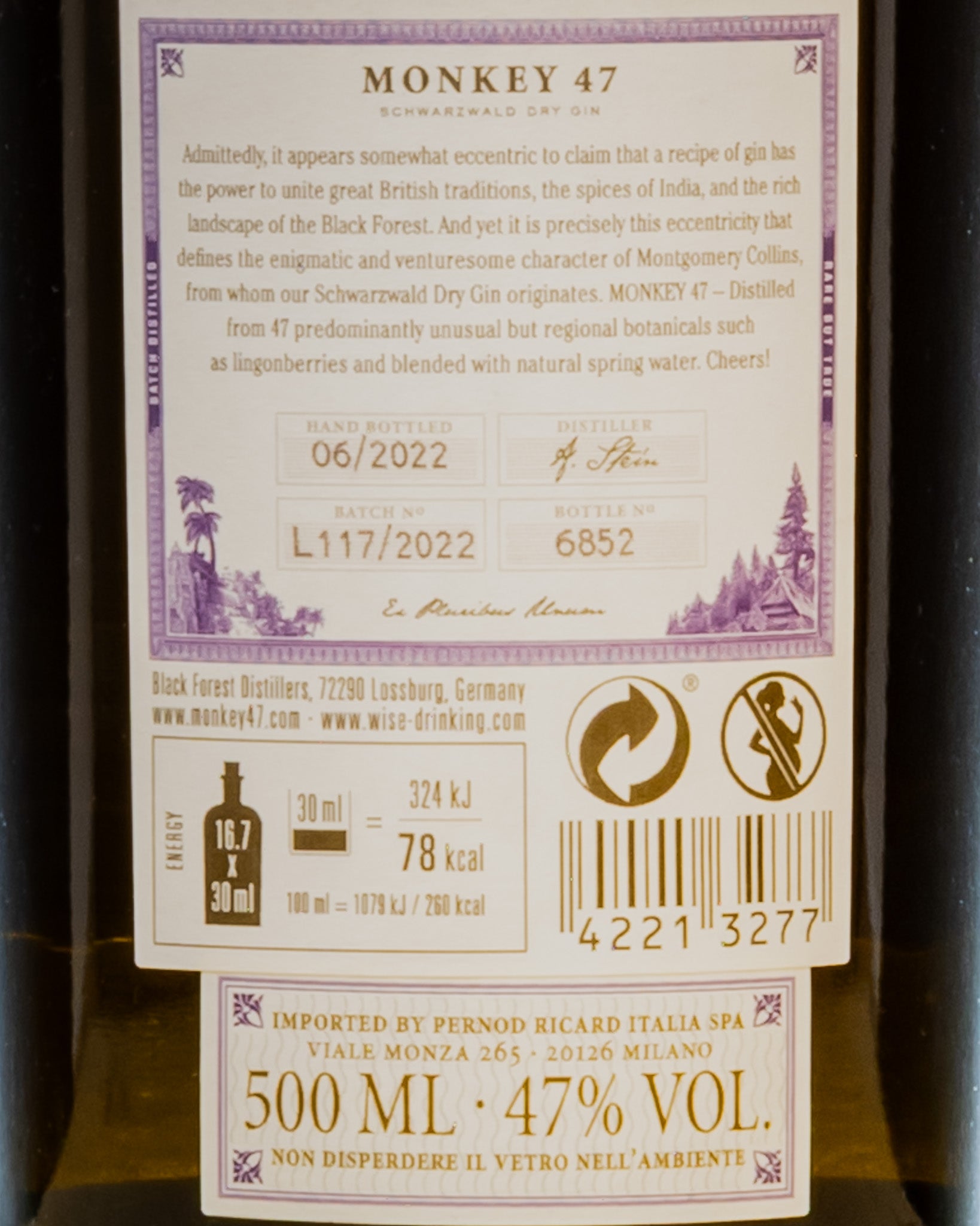 Black Forest Distillers Monkey 47 Schwarzwald Dry Gin Germania Distillato Retro Etichetta