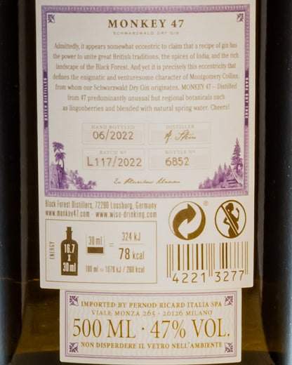 Black Forest Distillers Monkey 47 Schwarzwald Dry Gin Germania Distillato Retro Etichetta