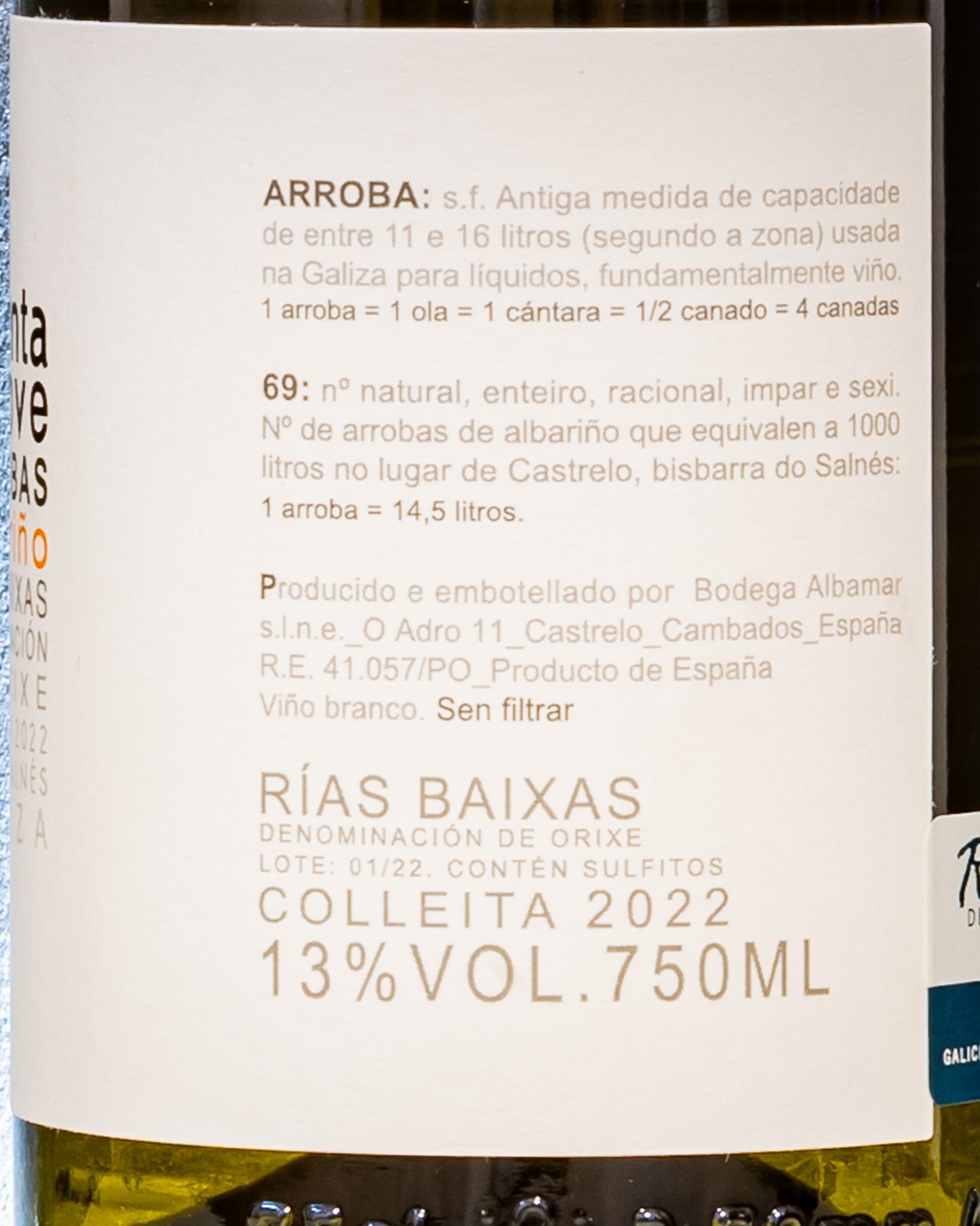 Botegas Albamar Albarino 2022  Sesenta e Nove Arrobas Galizia Rias Baixas Vino Bianco Spagna Lato Etichetta