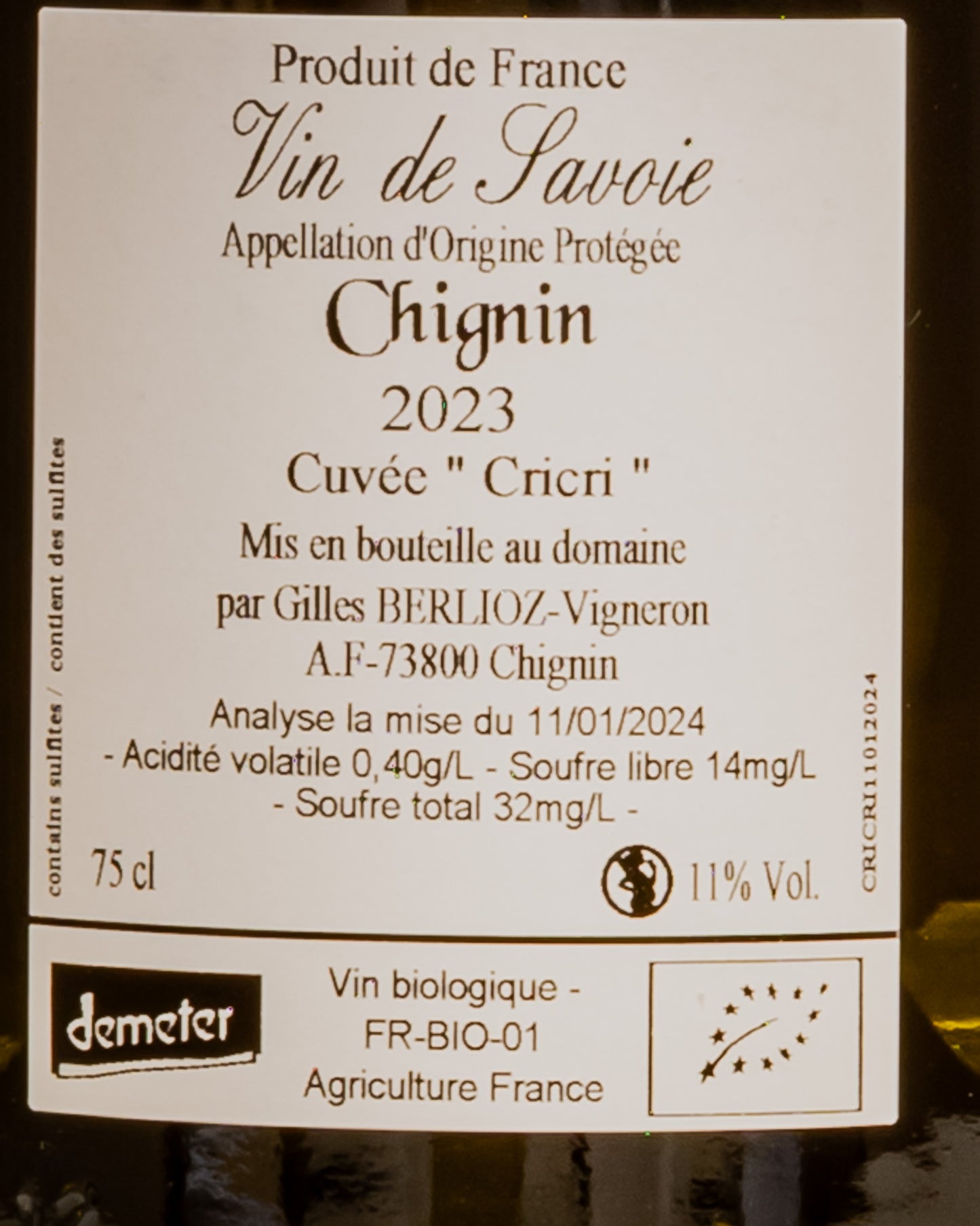 Catherine Gilles Berlioz Chignin 2023 Jacquere Savoia Vino Bianco Cuvée Cricri Francia Retro Etichetta