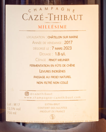 Caze Thibaut Millesime 2017 Champagne Extra Brut Valle Marne  Vino Francia Meunier Retro Etichetta