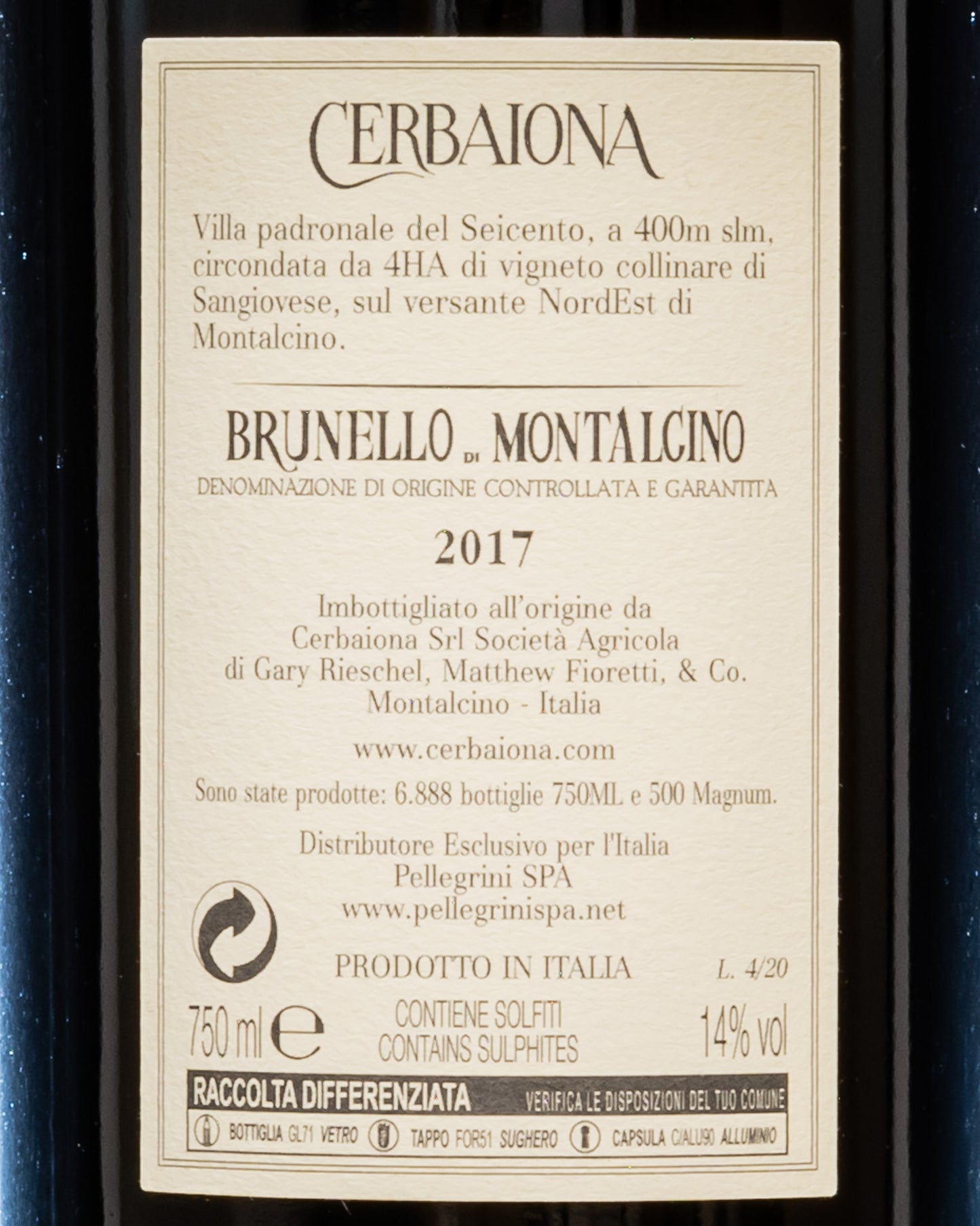 Cerbaiona Brunello Montalcino 2017 Sangiovese Grosso Vino Rosso Toscana Italia Retro Etichetta