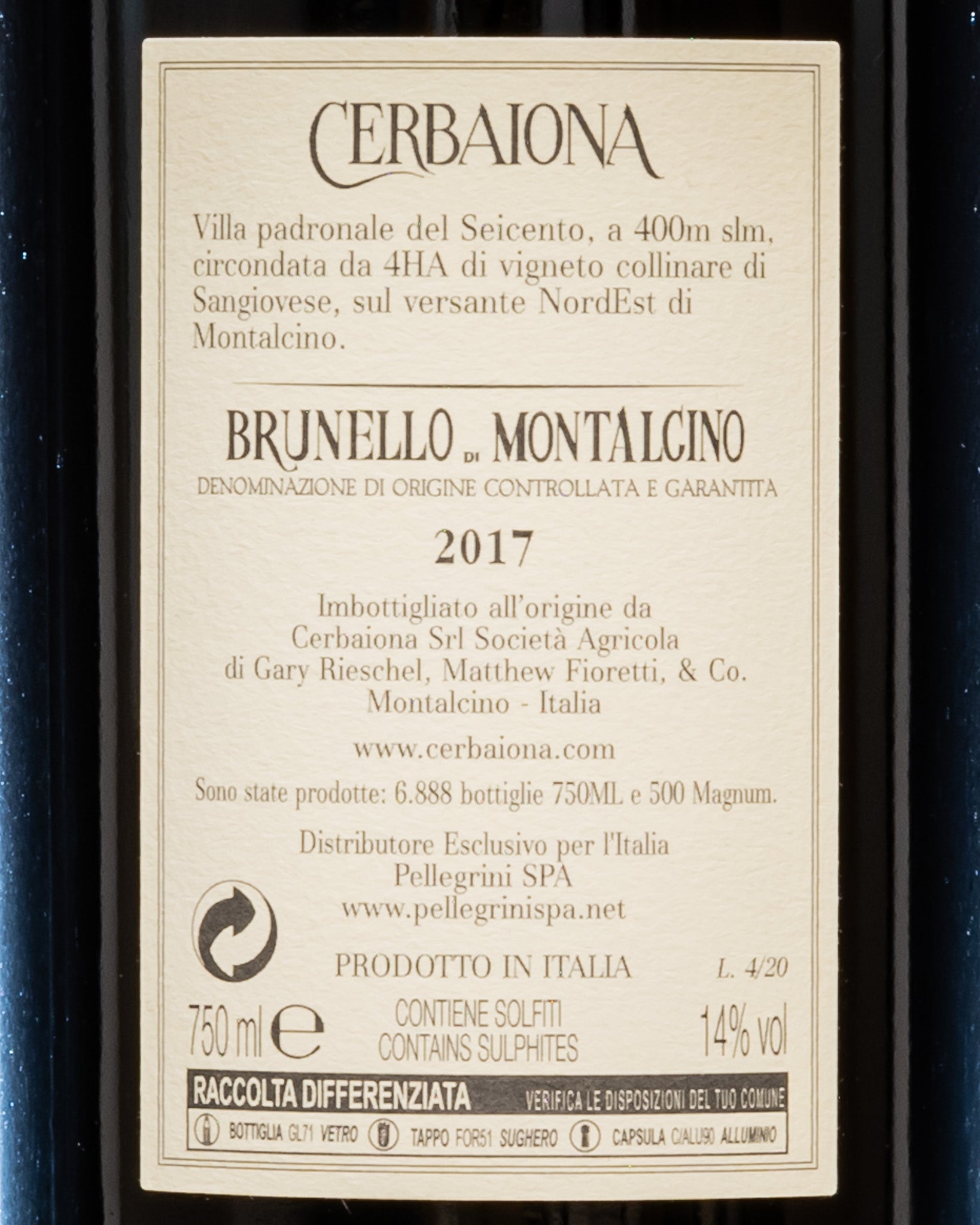 Cerbaiona Brunello Montalcino 2017 Sangiovese Grosso Vino Rosso Toscana Italia Retro Etichetta