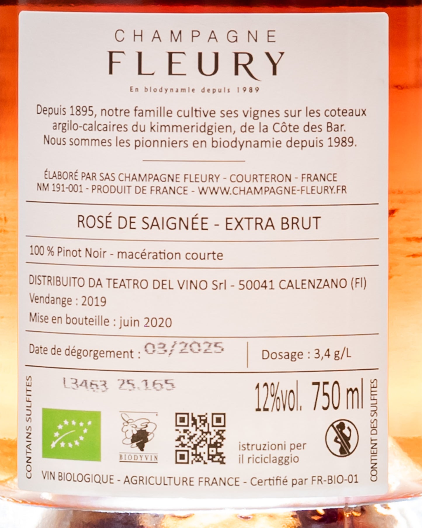 Champagne Fleury Rose Saignee Extra Brut Pinot Noir Nero Aube Vino Francia 2019 Retro Etichetta