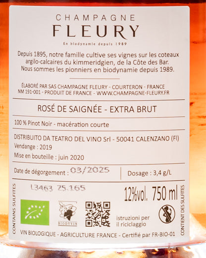 Champagne Fleury Rose Saignee Extra Brut Pinot Noir Nero Aube Vino Francia 2019 Retro Etichetta