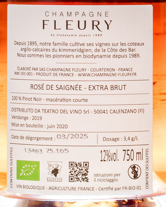 Champagne Fleury Rose Saignee Extra Brut Pinot Noir Nero Aube Vino Francia 2019 Retro Etichetta