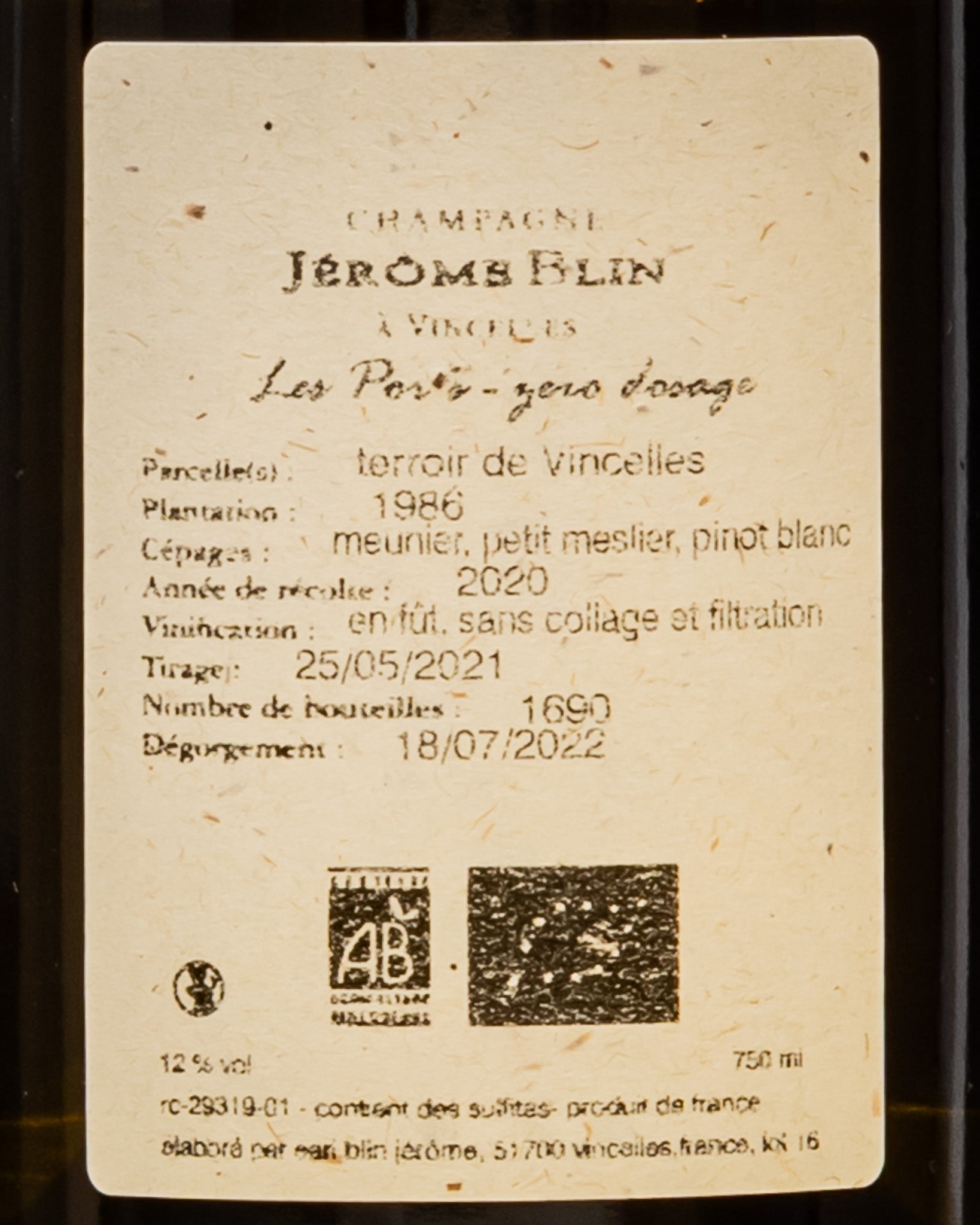 Champagne Jerome Blin Dosage  Les Ports Zero 2020 Meunier Petit Meslier Pinot Blanc Francia Retro Etichetta