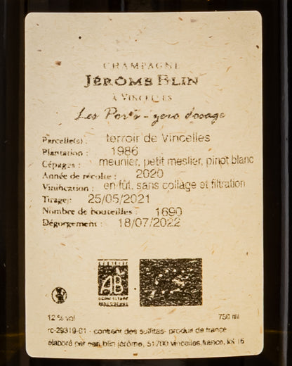 Champagne Jerome Blin Dosage  Les Ports Zero 2020 Meunier Petit Meslier Pinot Blanc Francia Retro Etichetta