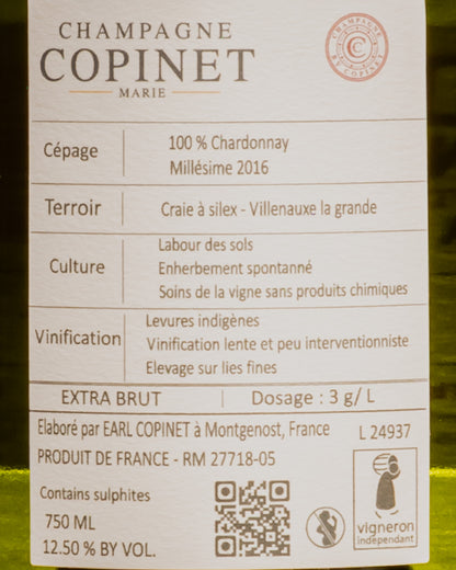 Champagne Marie Copinet Extra Brut Leonard Bdb Chardonnay Blanc Blancs Cote Sezanne 2016 Vino Francia Retro Etichetta